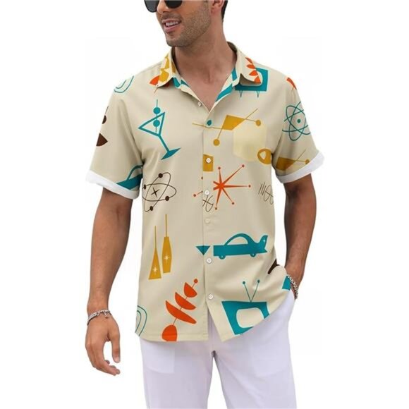 Men's Retro Bowling Shirts 50s Rockabilly Style Button Down Shirts Vintage Style - Picture 5 of 6